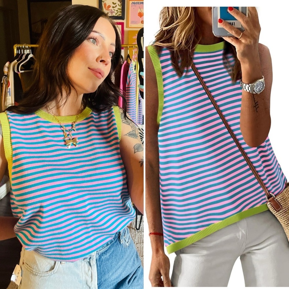 Pink Green Striped Sleeveless Knit Sweater